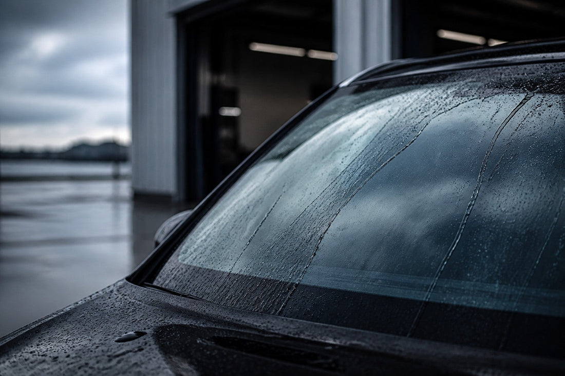 Rain sheeting across a car windshield with a clean wiper-swept arc