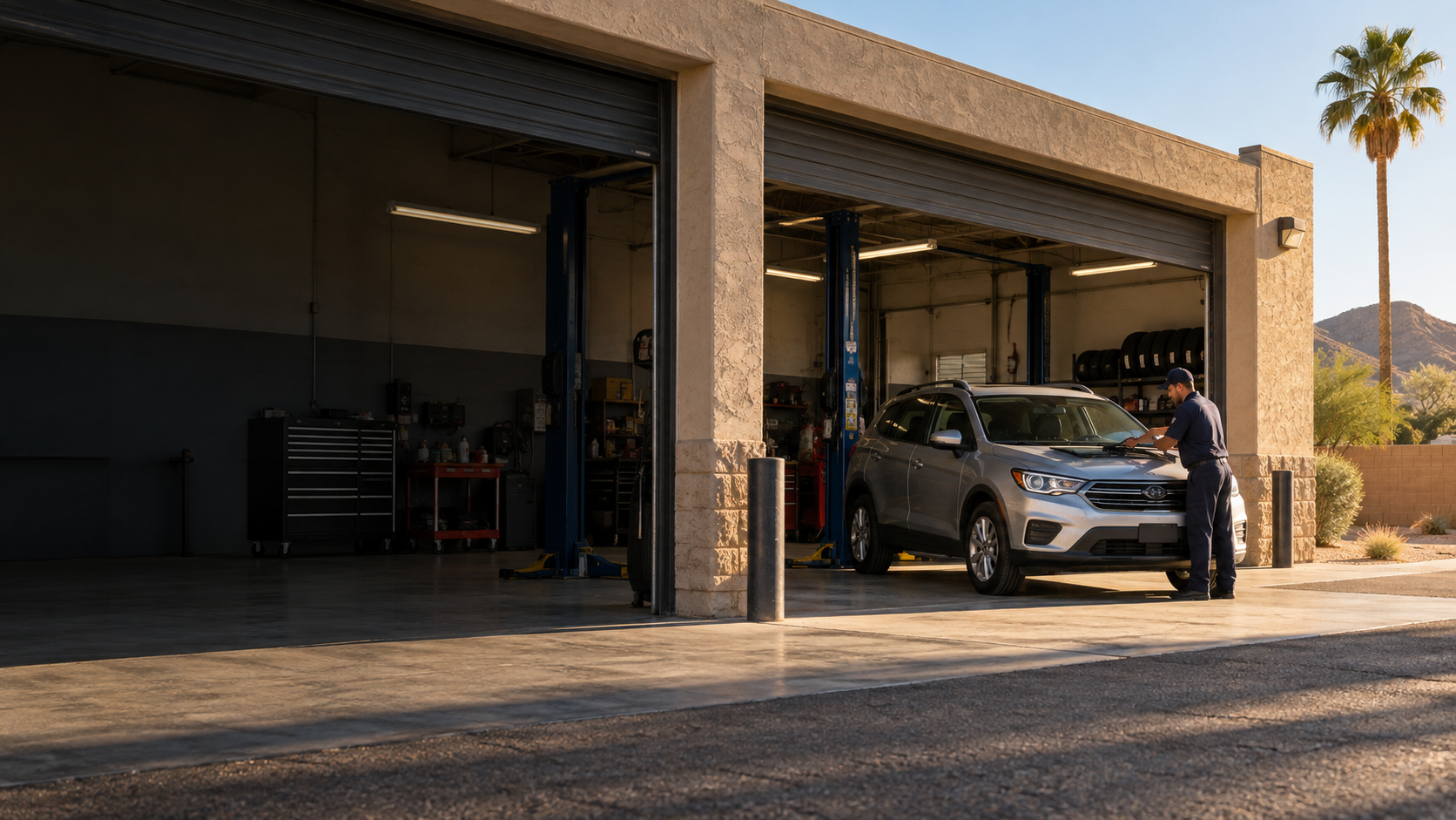 Illustrative Phoenix auto repair shop with a technician servicing a vehicle